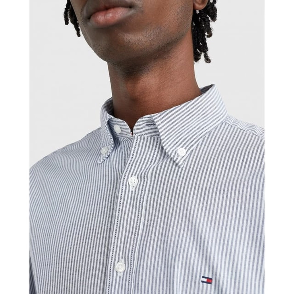 Tommy Hilfiger Core 1985 Flex Stripe Mens Long Sleeve Oxford Shirt - Navy Cotton - Size X-Large